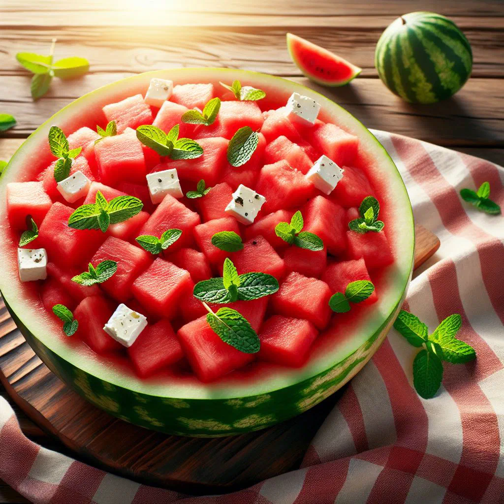 Fresh watermelon salad with crumbled feta, red onion and mint