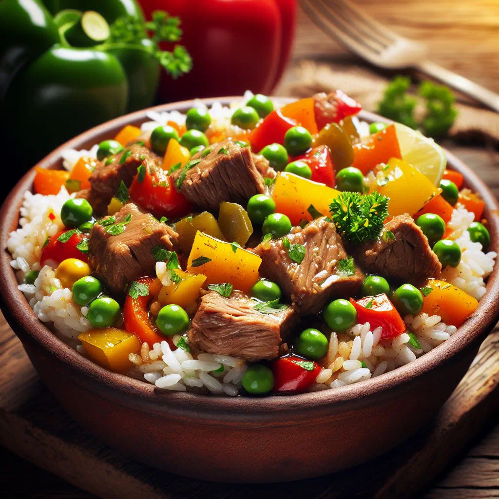 Arroz carreteiro with tender beef, rice and fresh herbs in a rustic bowl