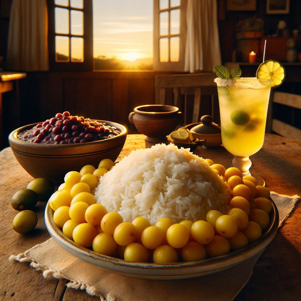 Golden rice cooked with pequi fruit, served warm in a bowl