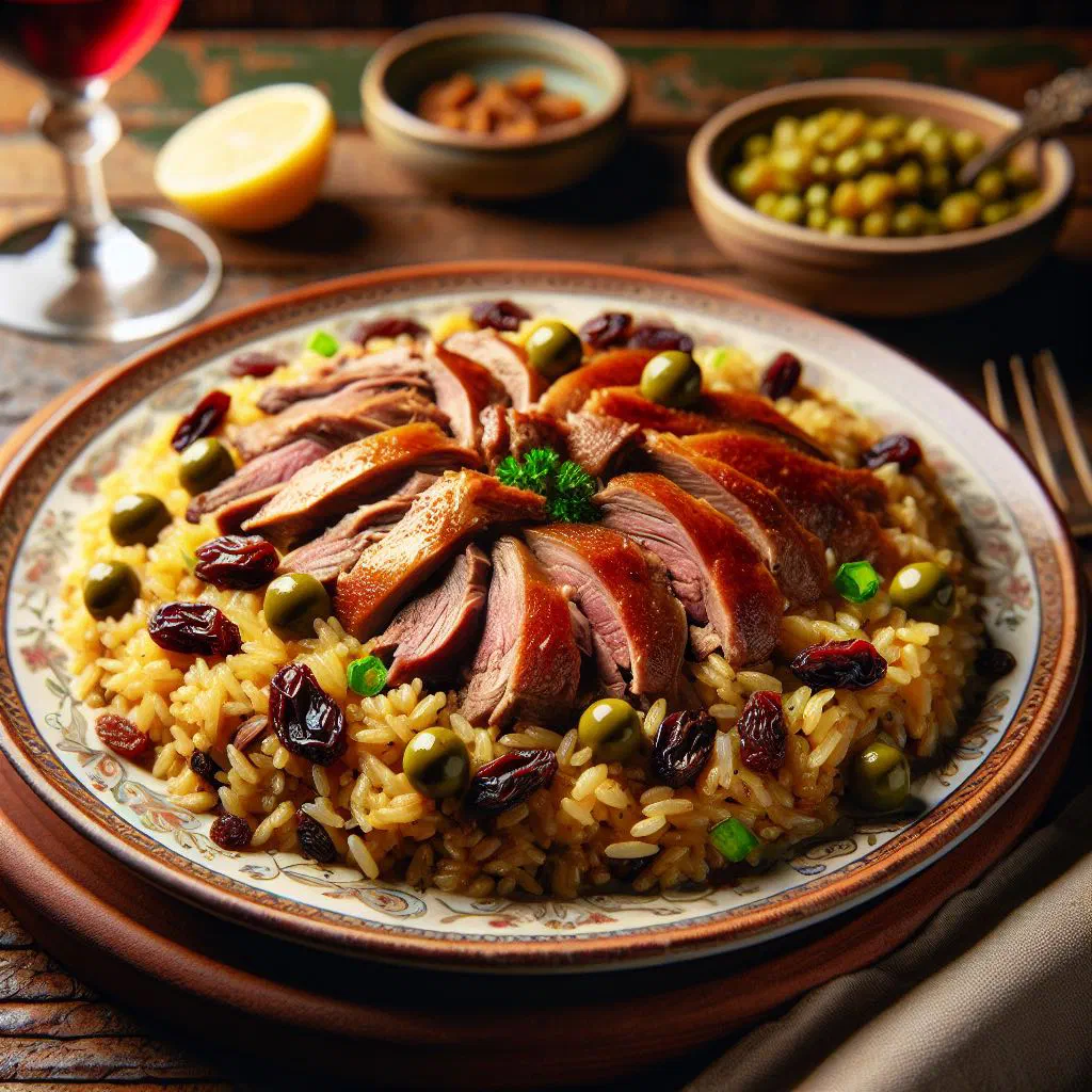 Brazilian arroz de pato with tender duck and seasoned rice in a serving bowl
