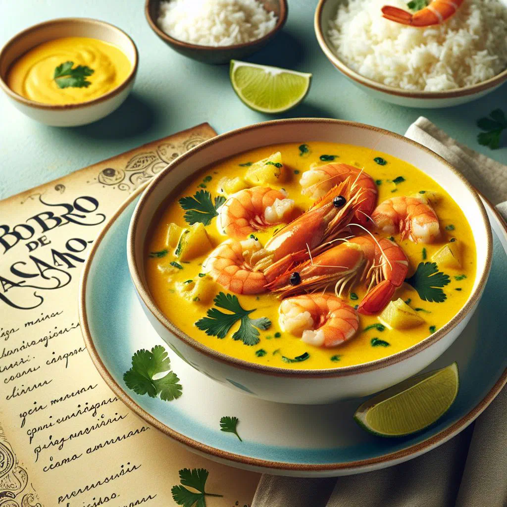 Creamy bobó de camarão with prawns and cassava sauce garnished with coriander