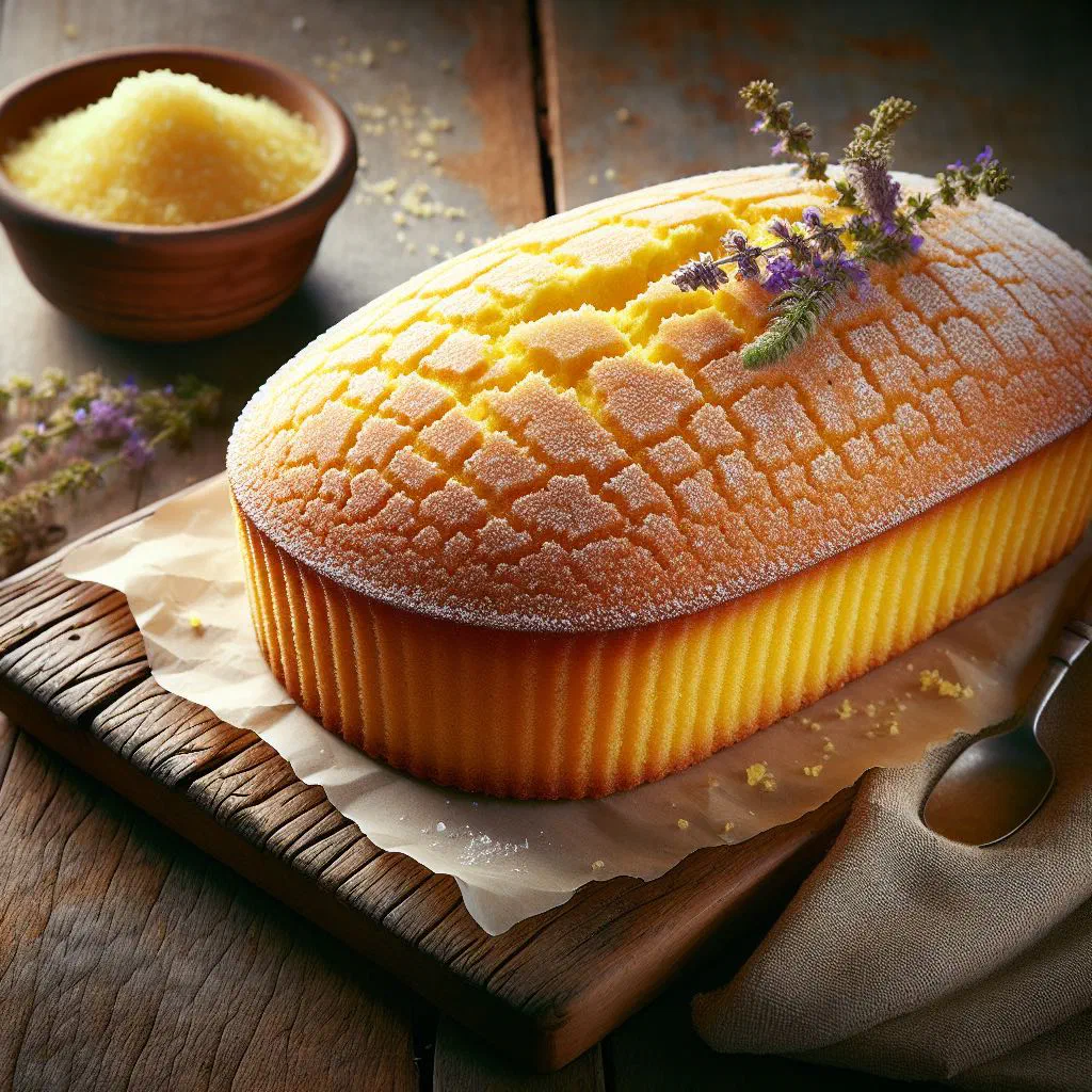 Golden Brazilian bolo de fubá cornmeal cake dusted with sugar