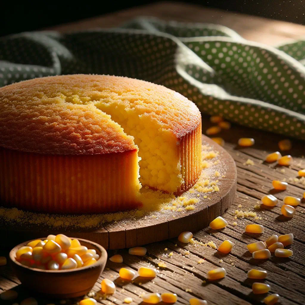 Golden Brazilian corn cake dusted with sugar on a serving plate