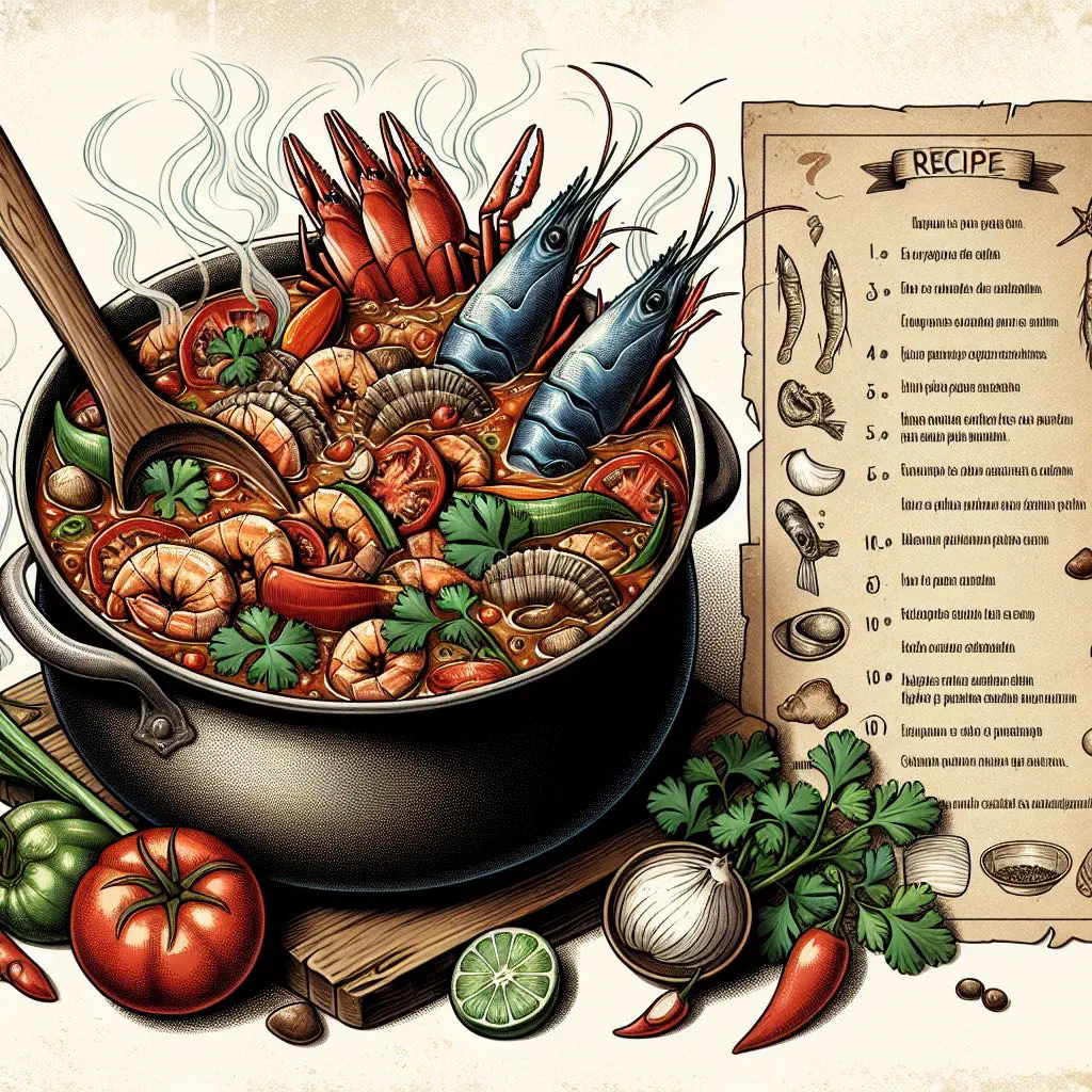 Brazilian caldeirada fish stew with seafood, peppers and fresh herbs