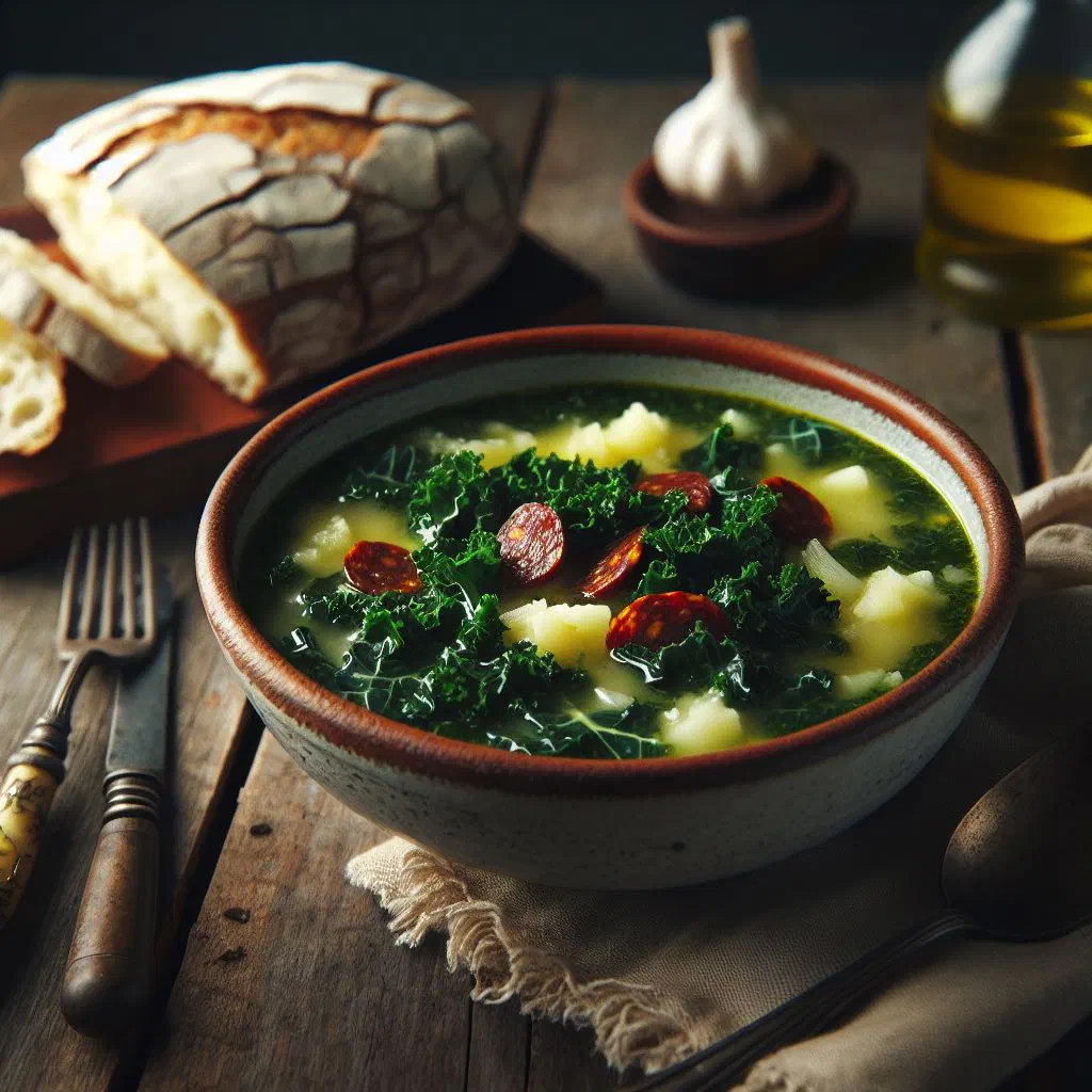 Bowl of caldo verde soup with kale, sliced chorizo and a drizzle of olive oil