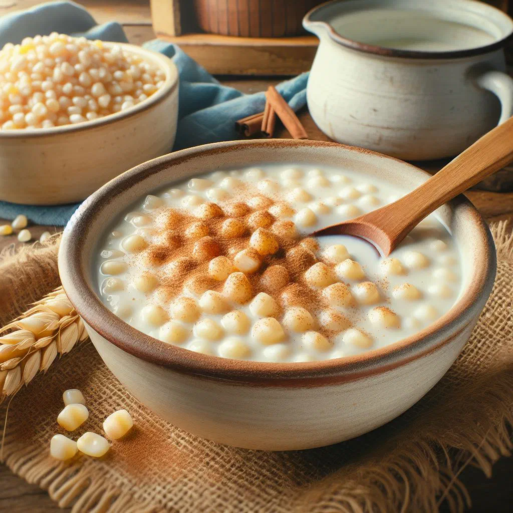 Creamy white canjica corn pudding dusted with cinnamon