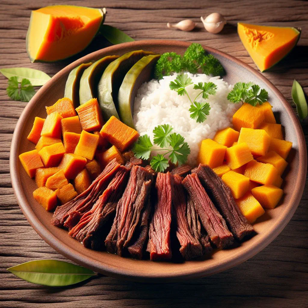 Carne seca com abóbora with tender salted beef and golden pumpkin, garnished with fresh herbs
