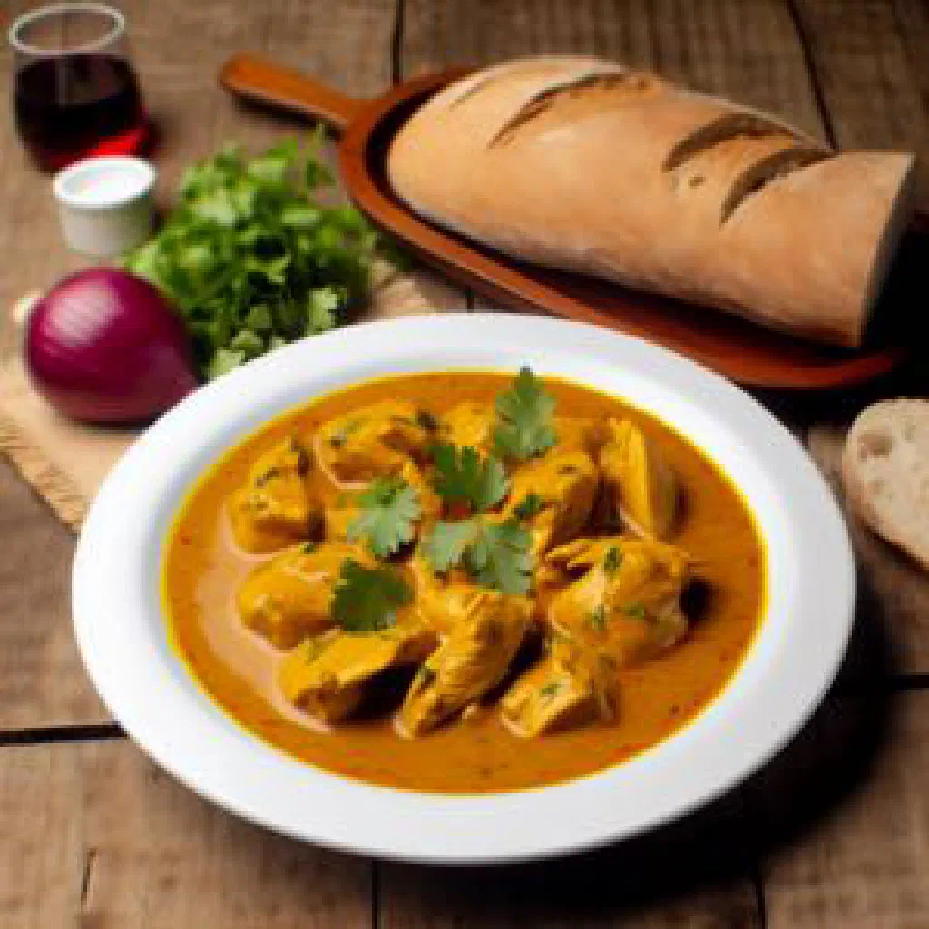 Brazilian chicken curry in creamy coconut sauce served with rice