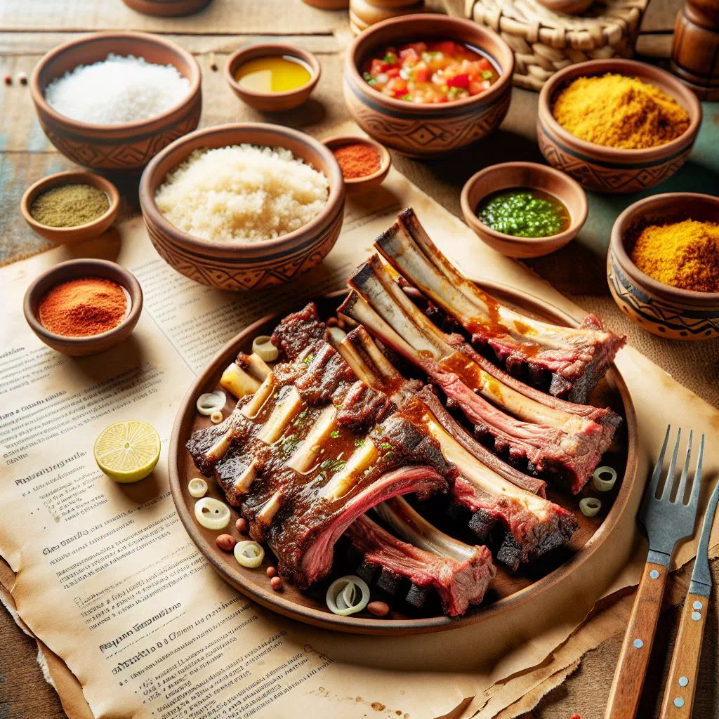 Slow-cooked Brazilian beef ribs garnished with fresh herbs and lime