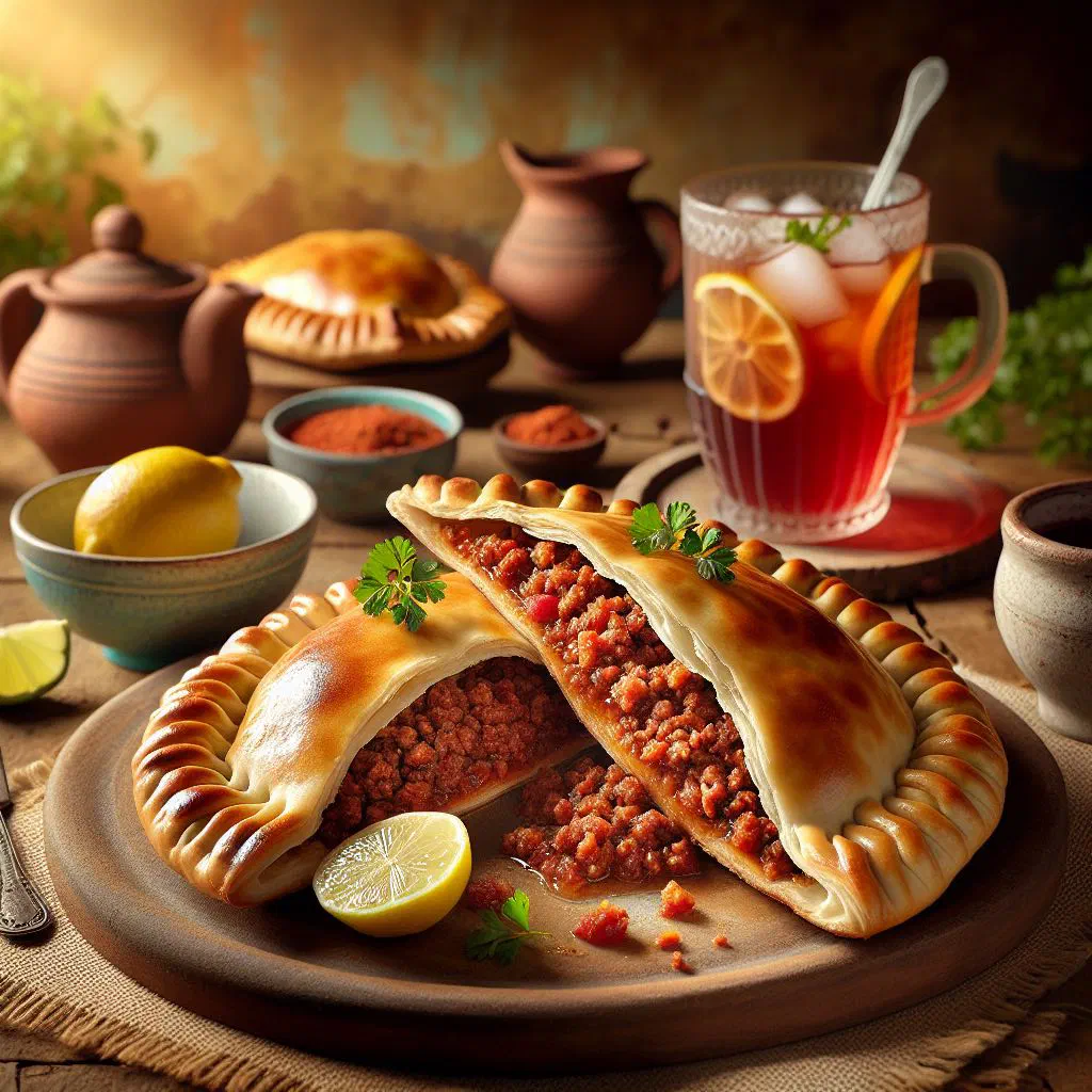 Open-topped Brazilian esfirra pastries filled with spiced minced meat