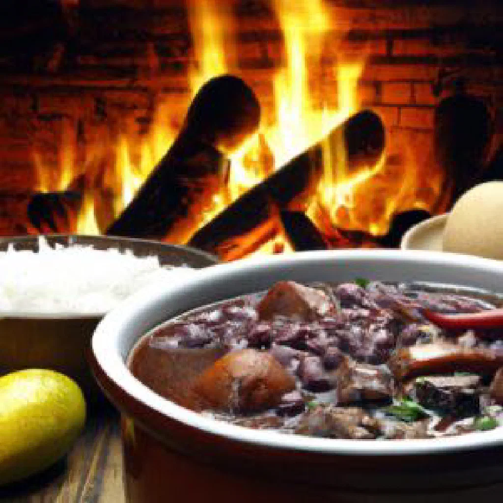 A hearty bowl of feijoada with black beans, pork and beef, served with rice