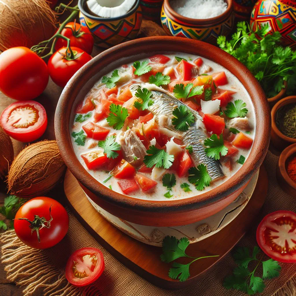 Brazilian fish moqueca in a coconut and tomato sauce garnished with coriander