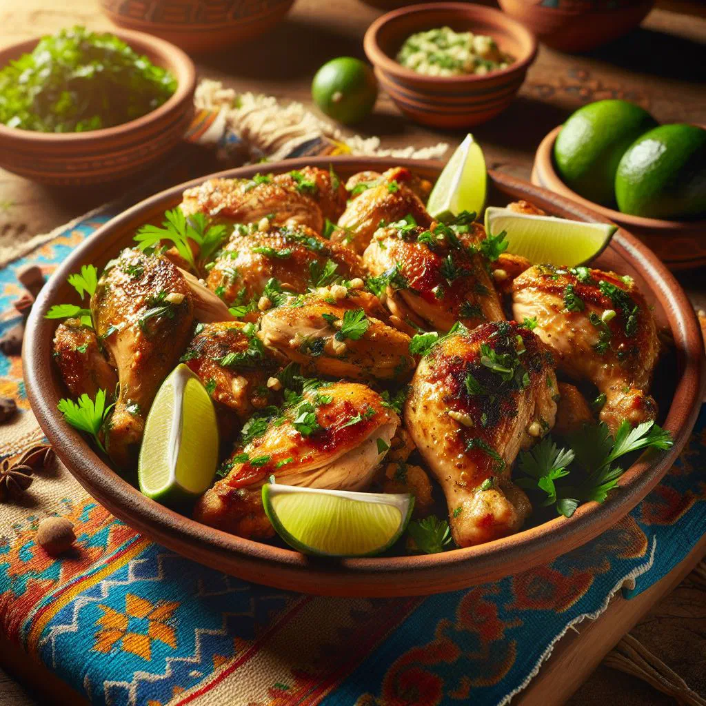 Crispy fried chicken pieces with garlic, lime wedges and fresh herbs