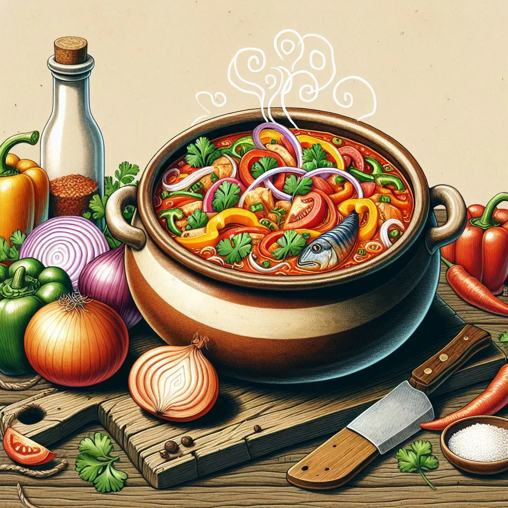 Moqueca baiana fish stew with coconut milk, peppers and coriander