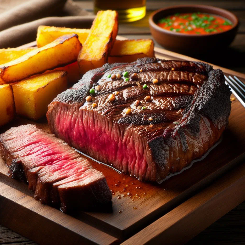 Sliced grilled picanha steak with a crisp fat cap on a wooden board