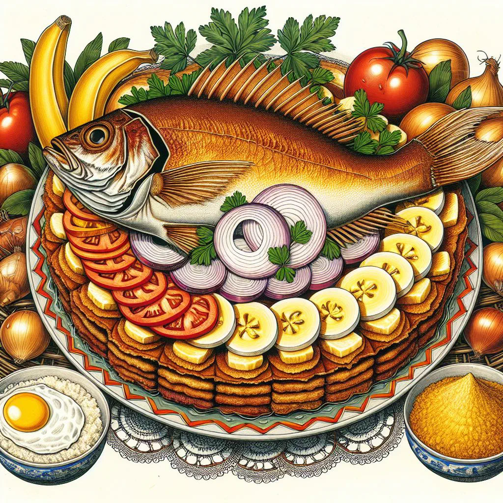 Baked Pirarucu à Casaca with layers of fish, brown rice, banana and vegetables