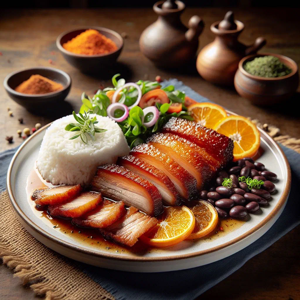 Roast pork belly with golden, crackling skin on a wooden board
