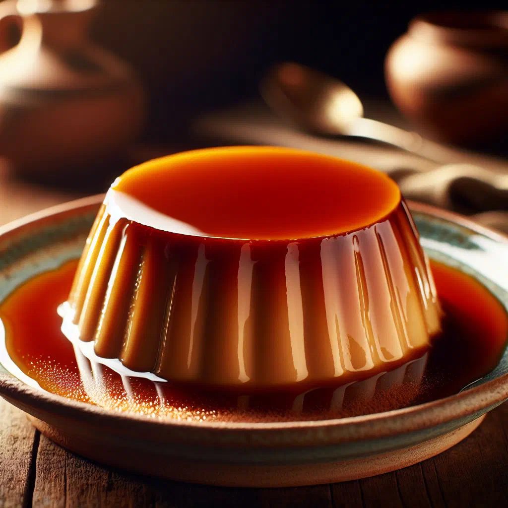 Pudim de leite topped with golden caramel on a serving plate