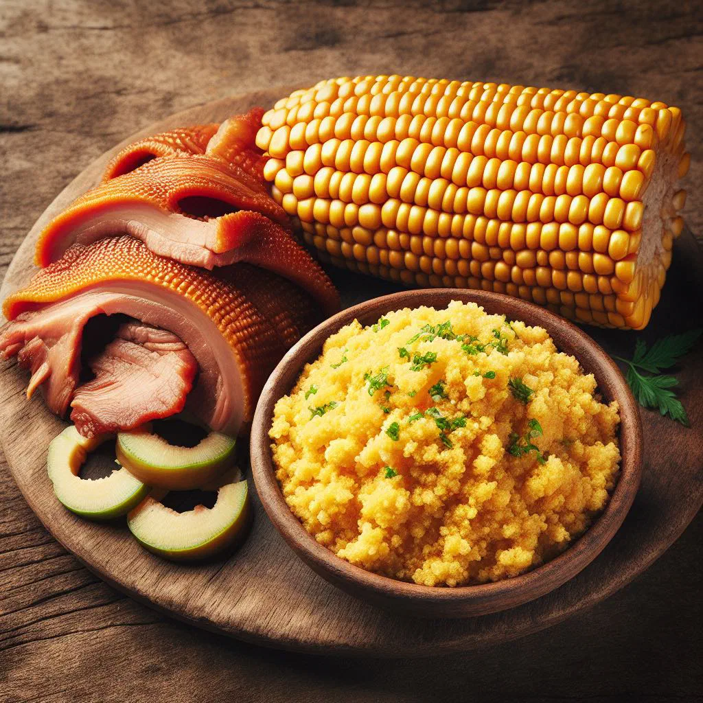 A bowl of creamy yellow cornmeal porridge with braised pork, garnished with fresh herbs