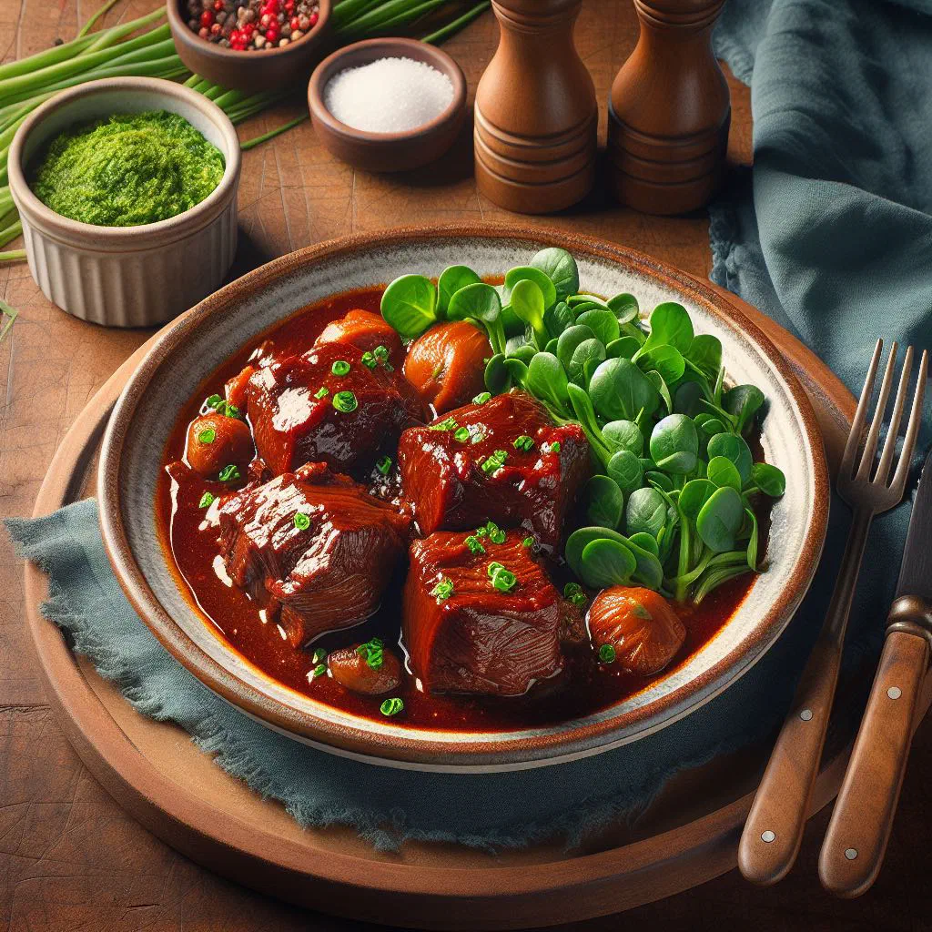 Slow-braised beef with fresh watercress in a rich Brazilian sauce
