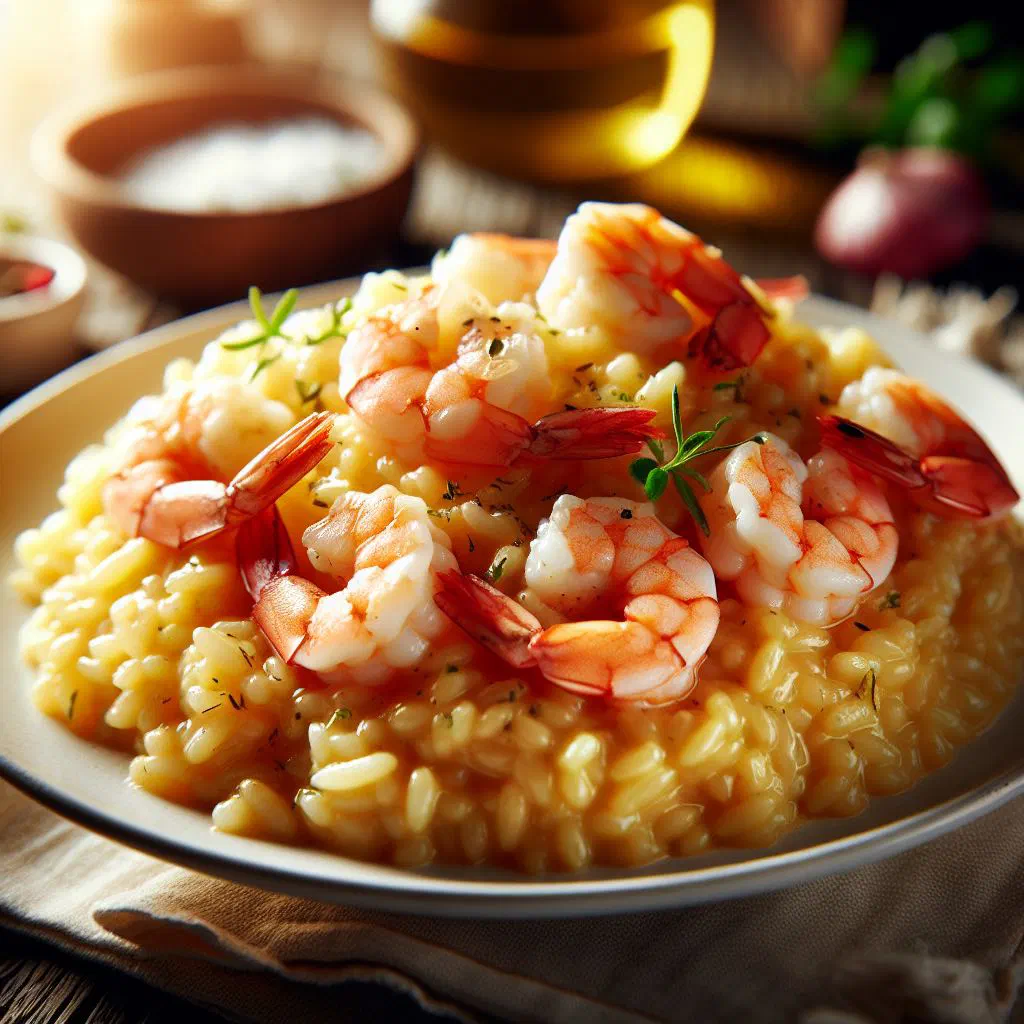 Creamy Brazilian prawn risotto garnished with fresh herbs and lemon