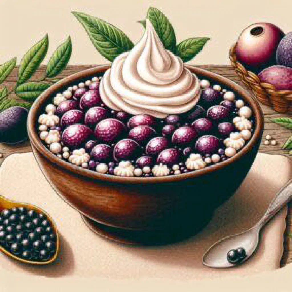 Bowl of Brazilian sagu pearls in fruit syrup garnished with fresh fruit