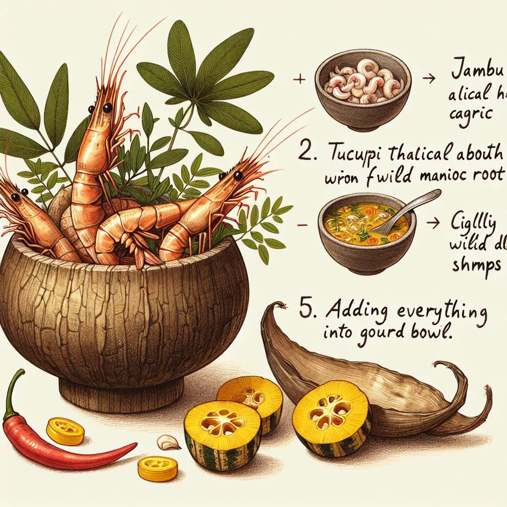 A steaming bowl of tacacá broth garnished with fresh jambu leaves
