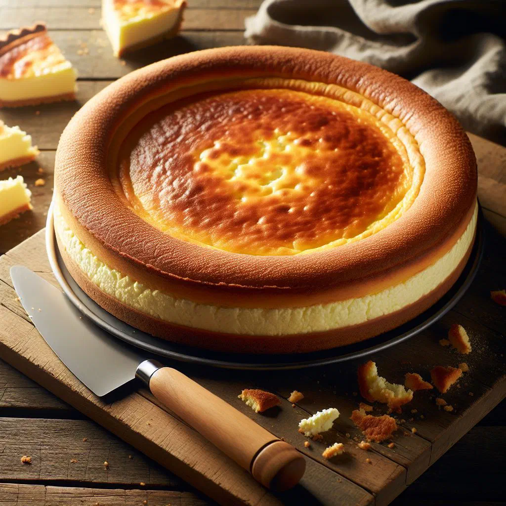Golden Brazilian cheese tart with a crisp top, cut into slices