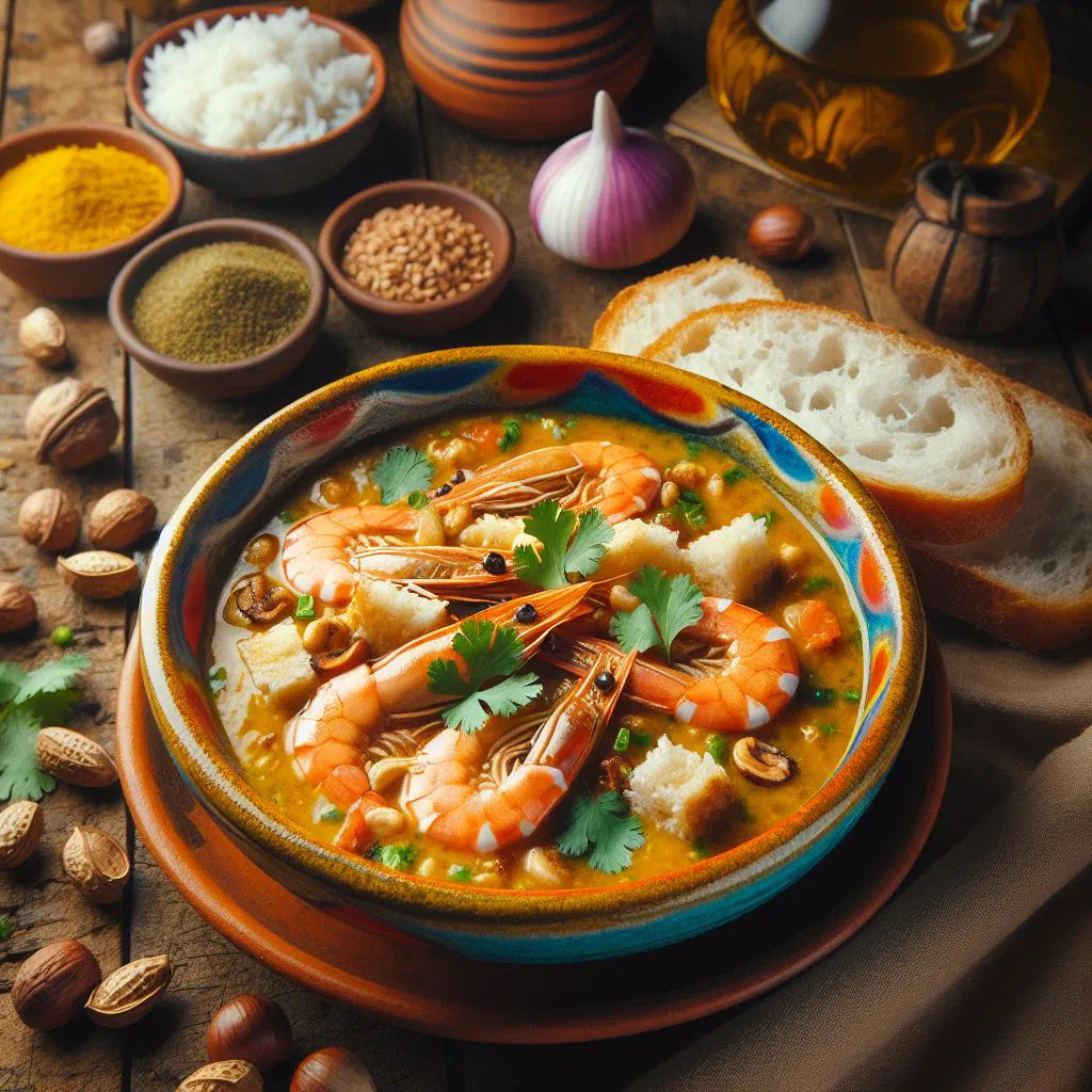 Creamy Brazilian vatapá garnished with fresh coriander and lime