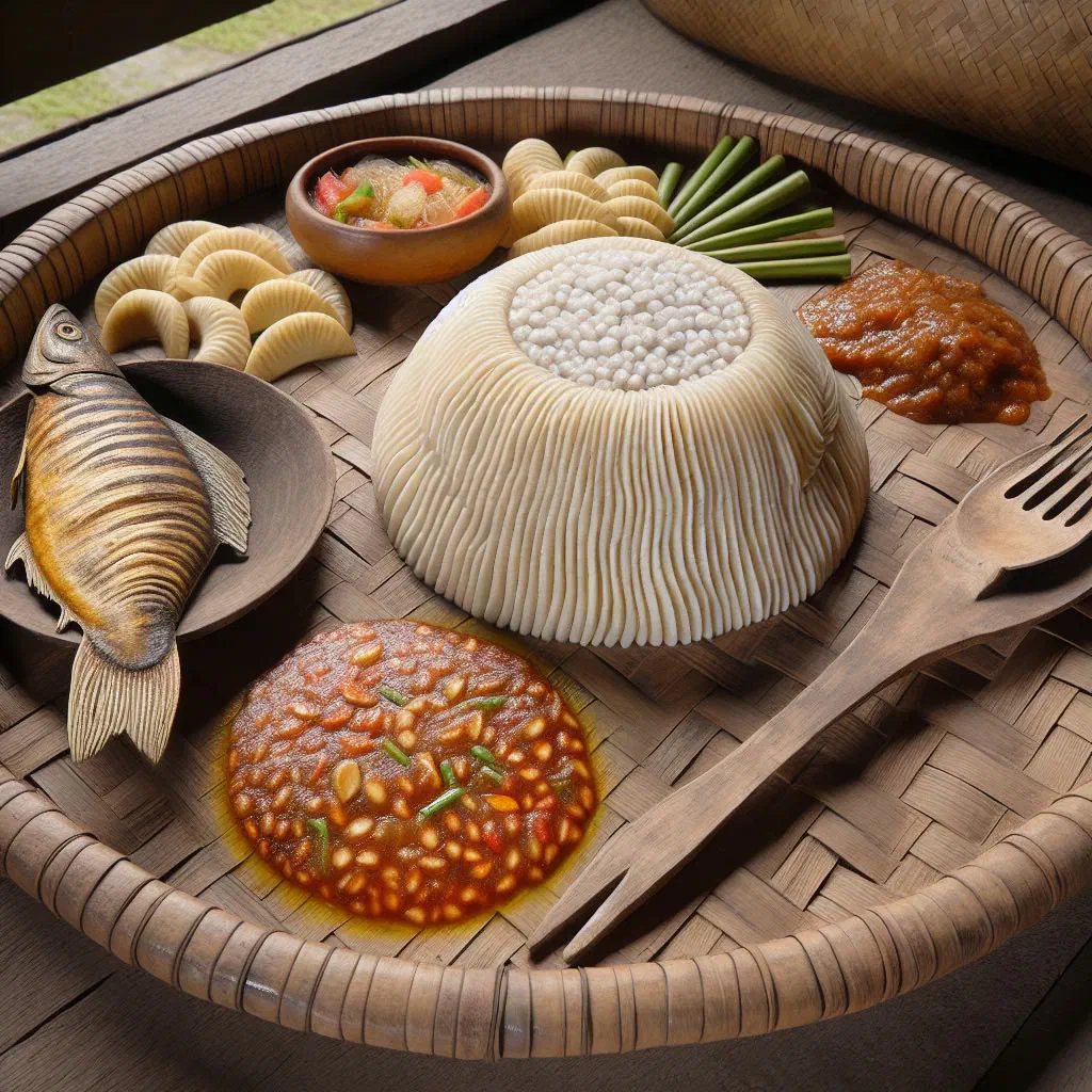 A bowl of sticky, translucent ambuyat with dipping sauces alongside