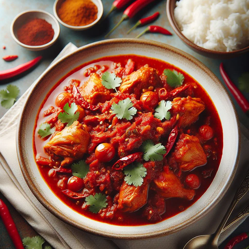 Ayam masak merah chicken in a bright red tomato sauce, garnished with fresh coriander