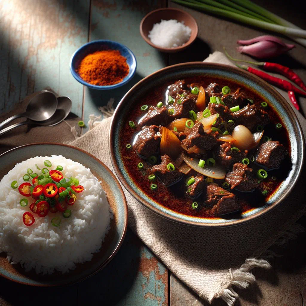 Dark braised beef in a rich soy sauce garnished with fresh herbs