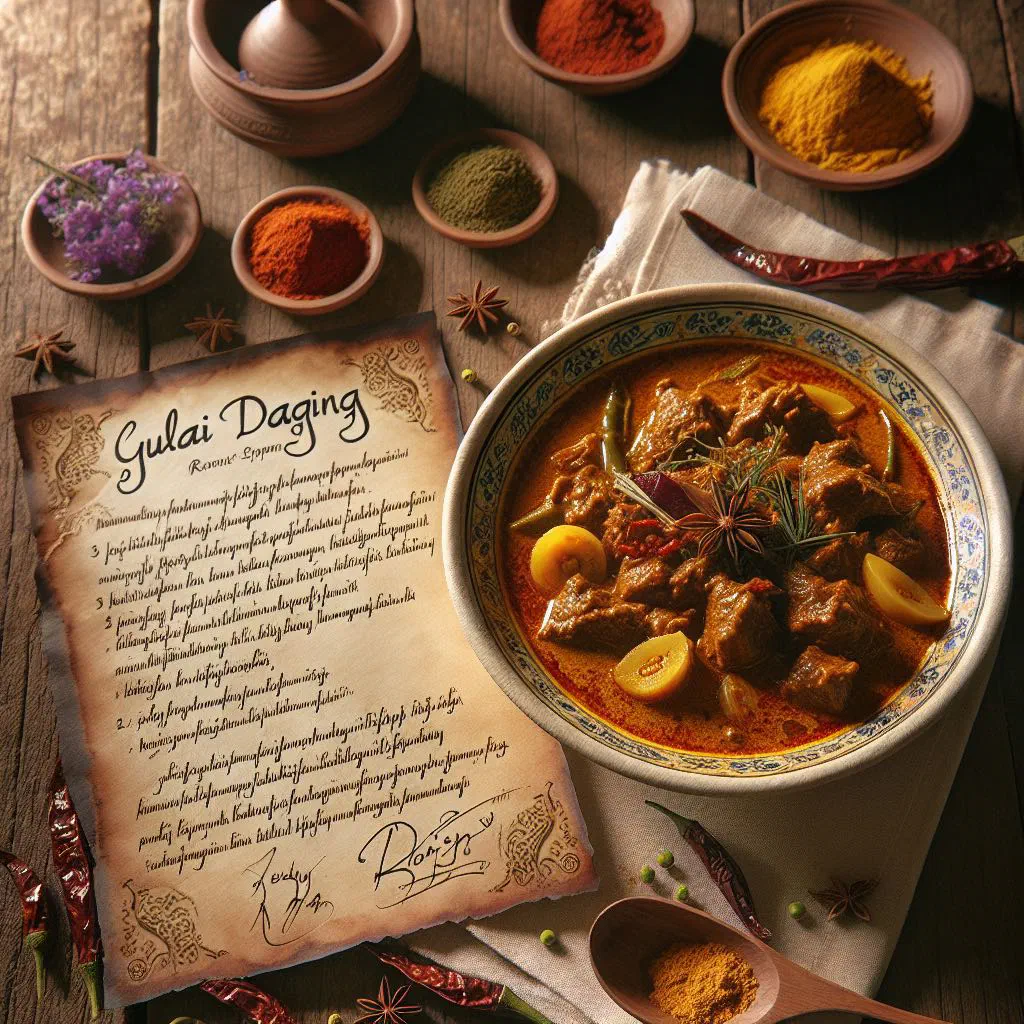 Bowl of Gulai Daging beef curry in creamy coconut sauce with fresh coriander