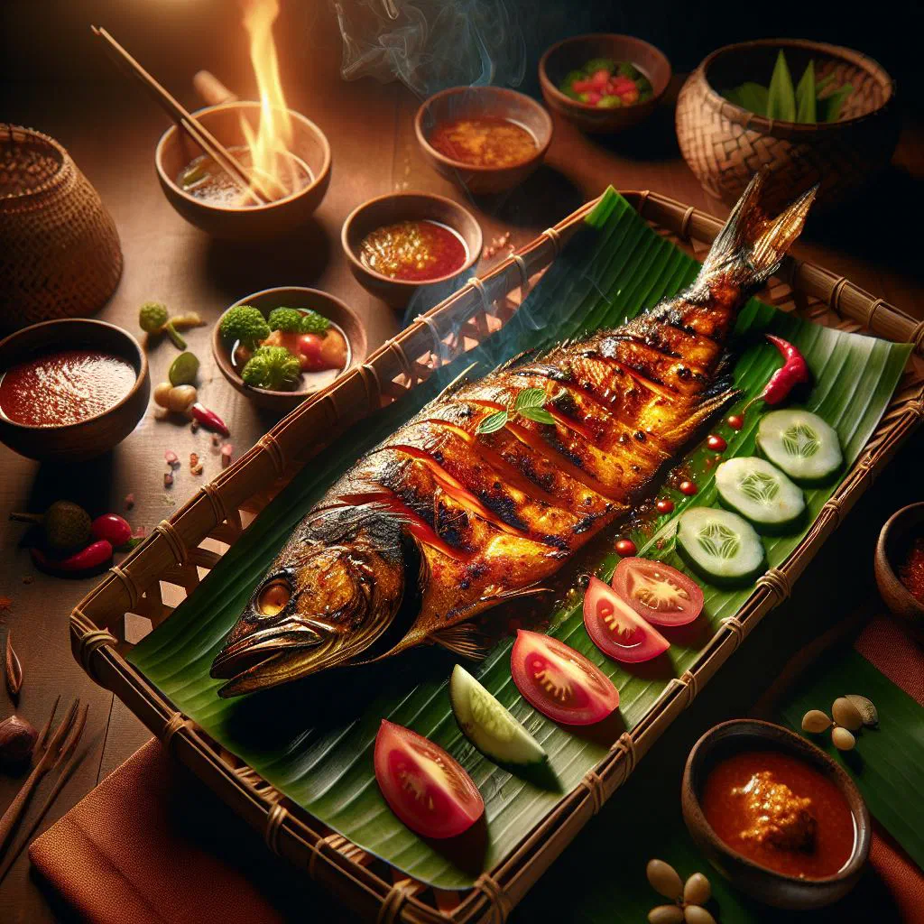 Grilled Ikan Bakar fish glazed with spiced marinade on a plate with lime and herbs