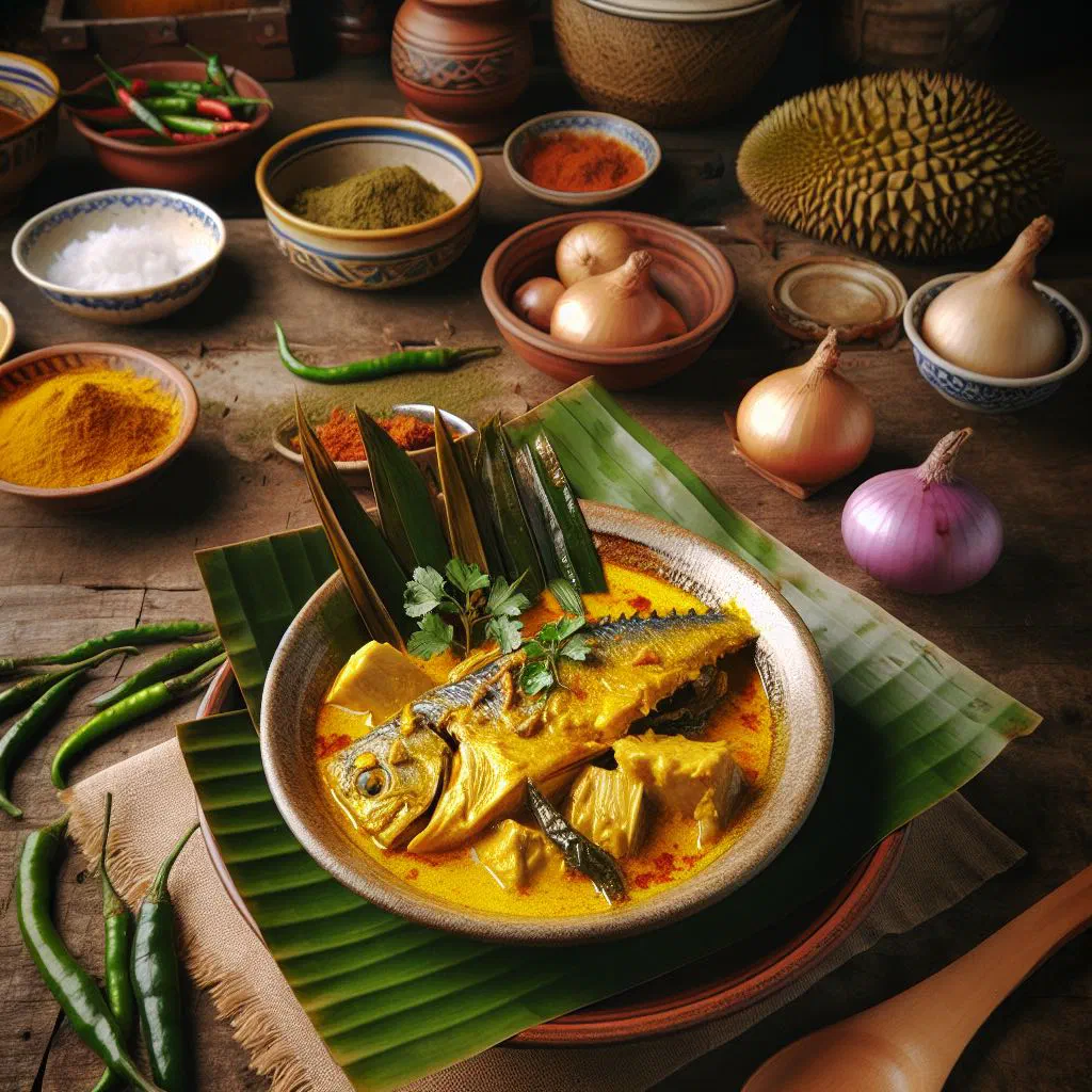 Ikan gulai tempoyak fish curry in a rich coconut sauce garnished with coriander