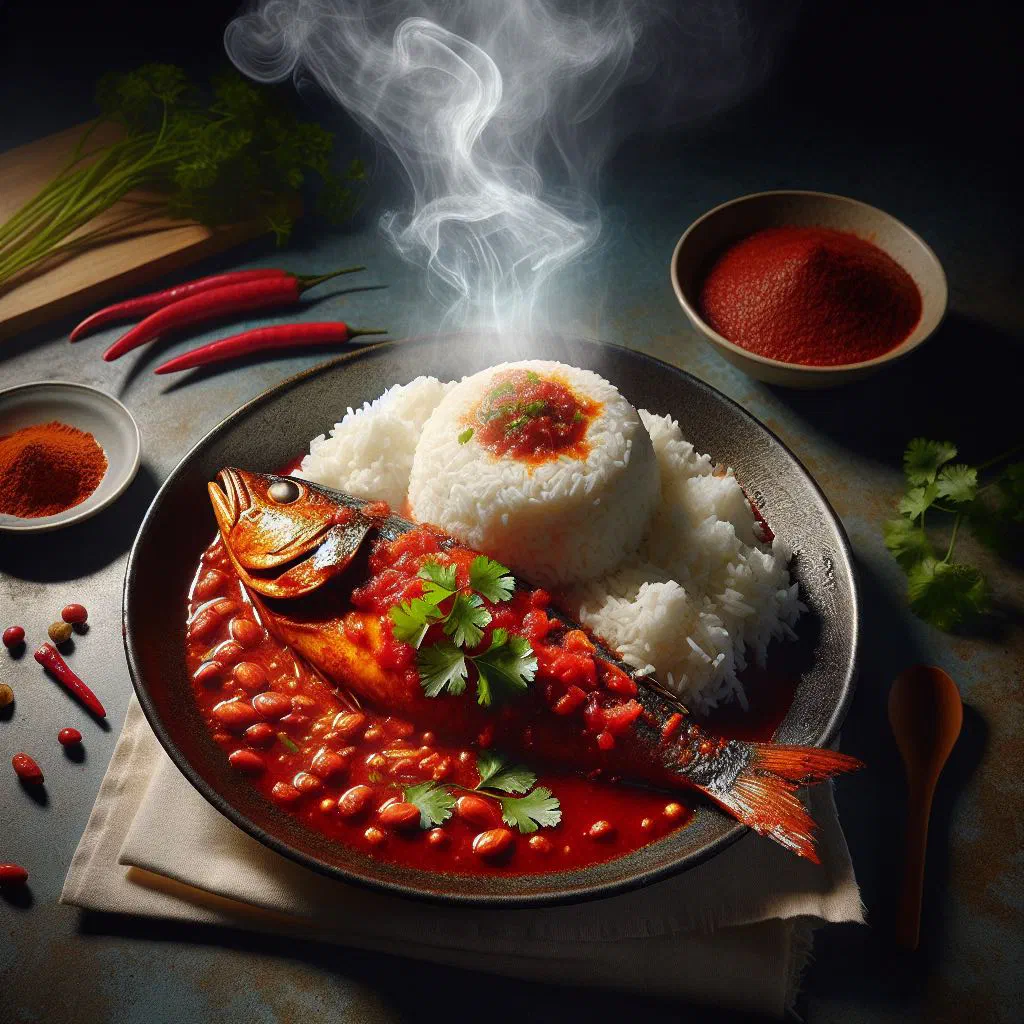Fish fillets in a rich red tomato and chilli sauce, garnished with coriander