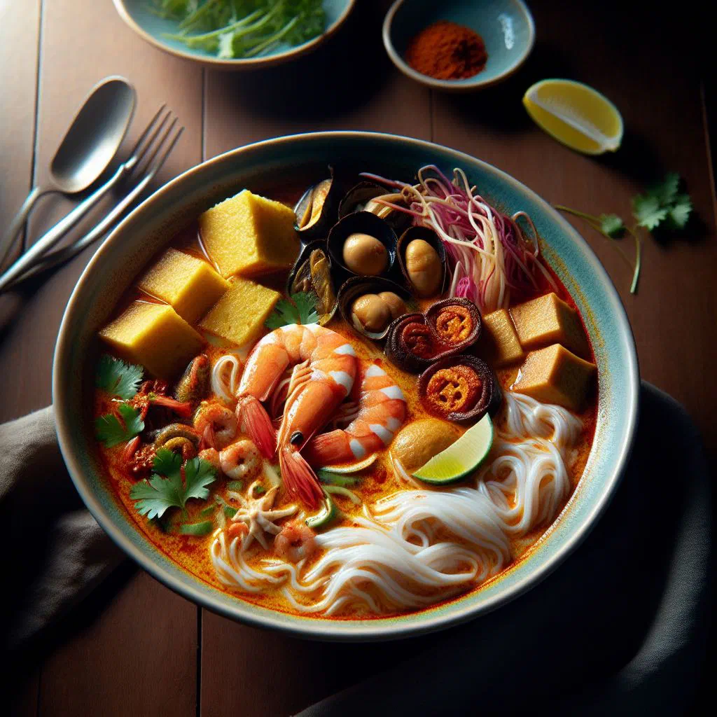 Bowl of laksa nyonya noodle soup with prawns and fresh herbs
