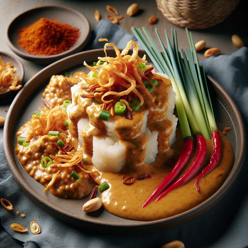 Sliced lontong rice cakes topped with a rich peanut sauce and vegetables