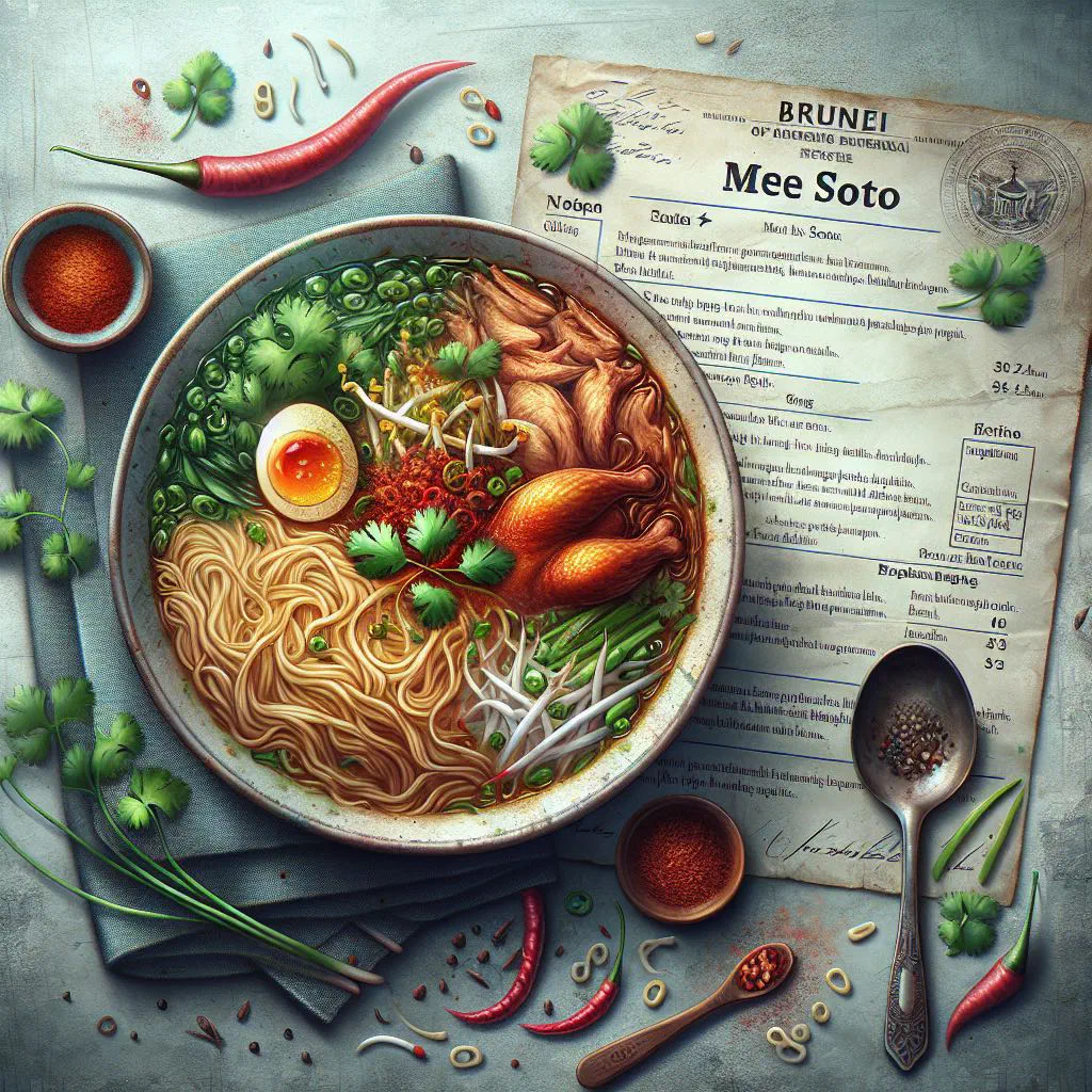 Bowl of mee soto noodle soup with chicken, spring onions and coriander