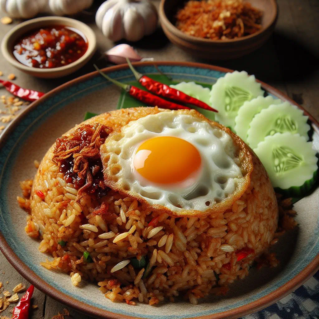 Village-style fried rice with egg, chicken and spring onions on a plate
