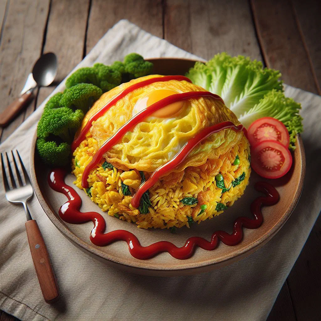 Nasi goreng pattaya, fried rice wrapped in a thin omelette with fresh herbs