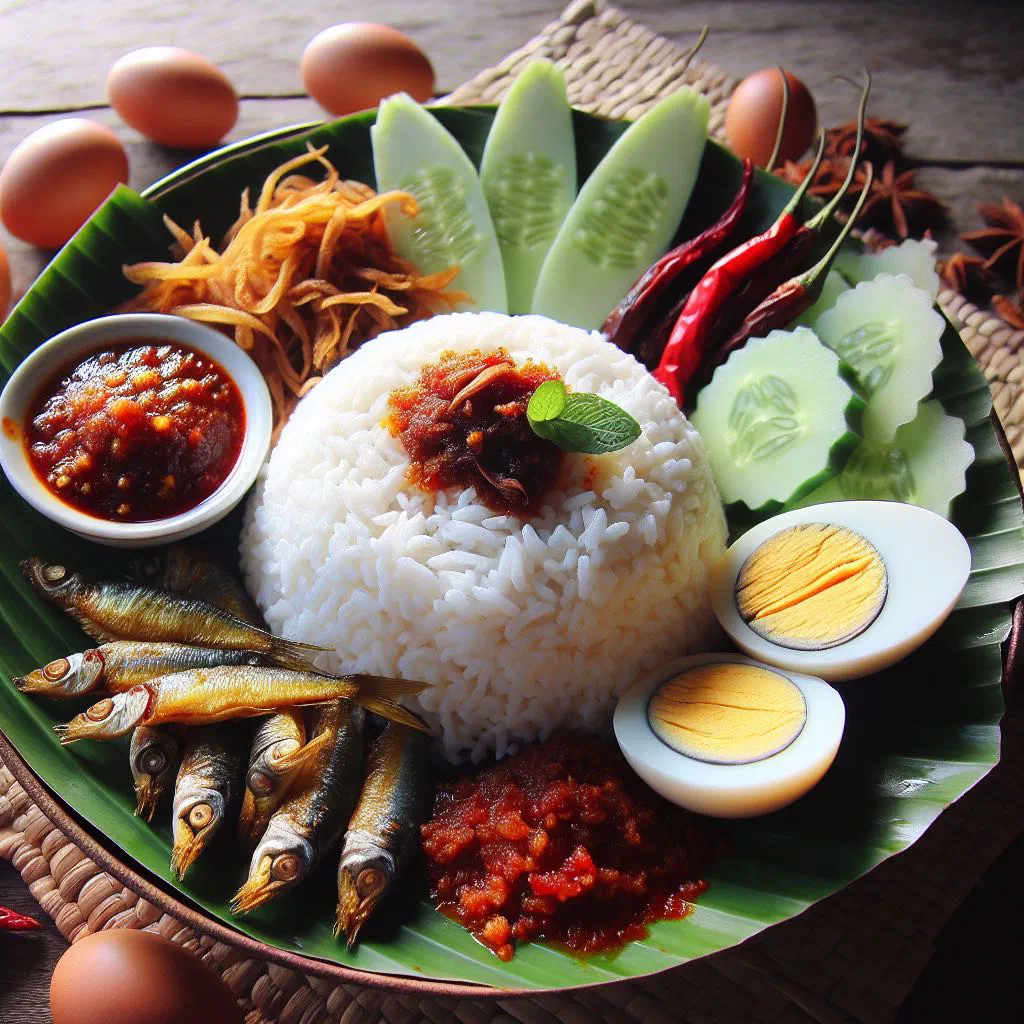 Nasi lemak with coconut rice, sambal, crispy anchovies and a fried egg