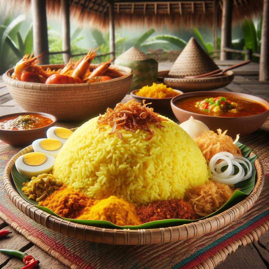 Golden nasi minyak fragrant rice served in a bowl with spices