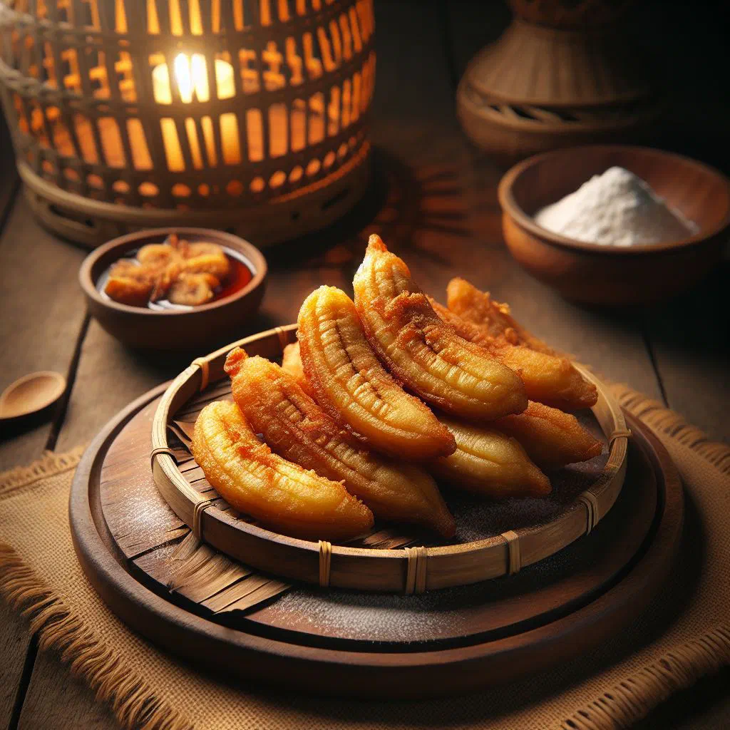 Golden crispy fried bananas dusted with sugar on a plate