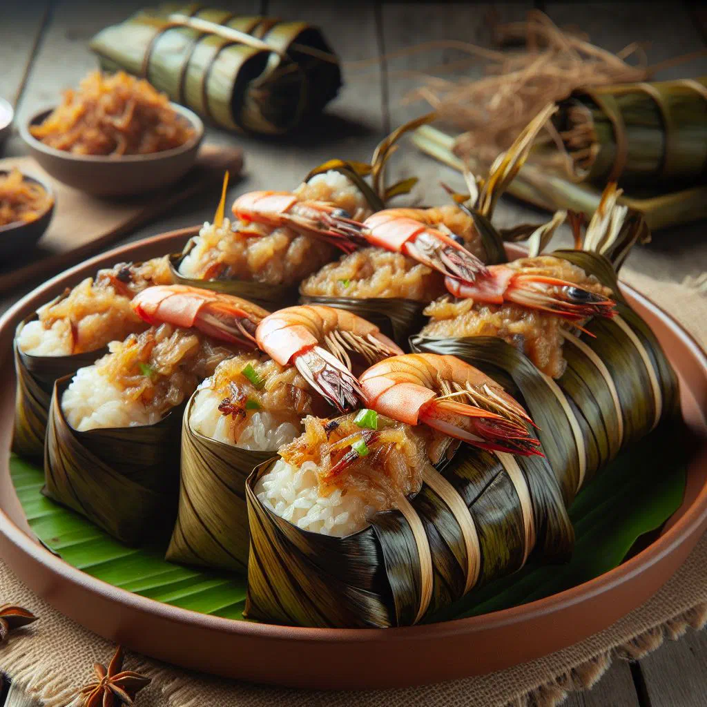Grilled banana-leaf parcels of pulut panggang filled with spiced meat