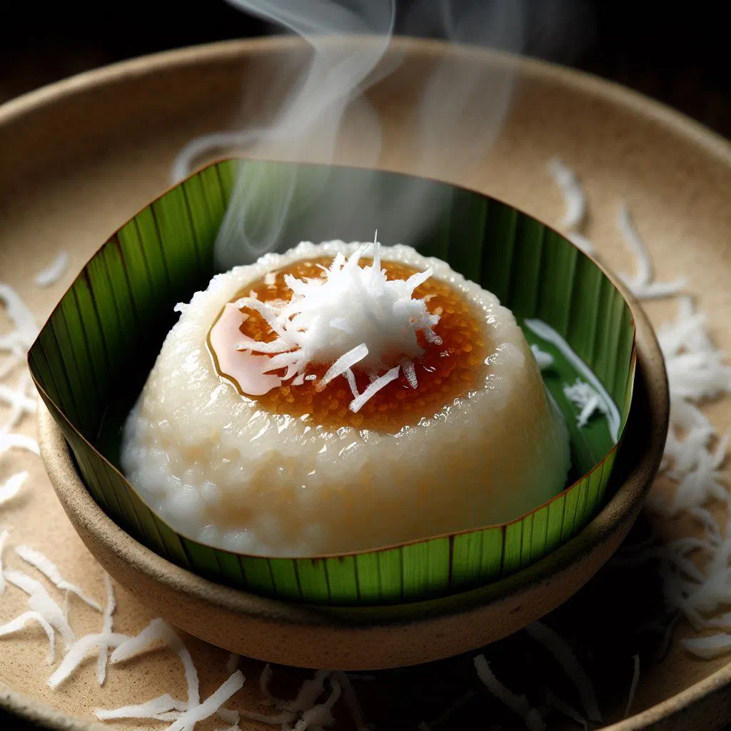 Soft steamed putu piring rice cakes filled with palm sugar on a pandan leaf
