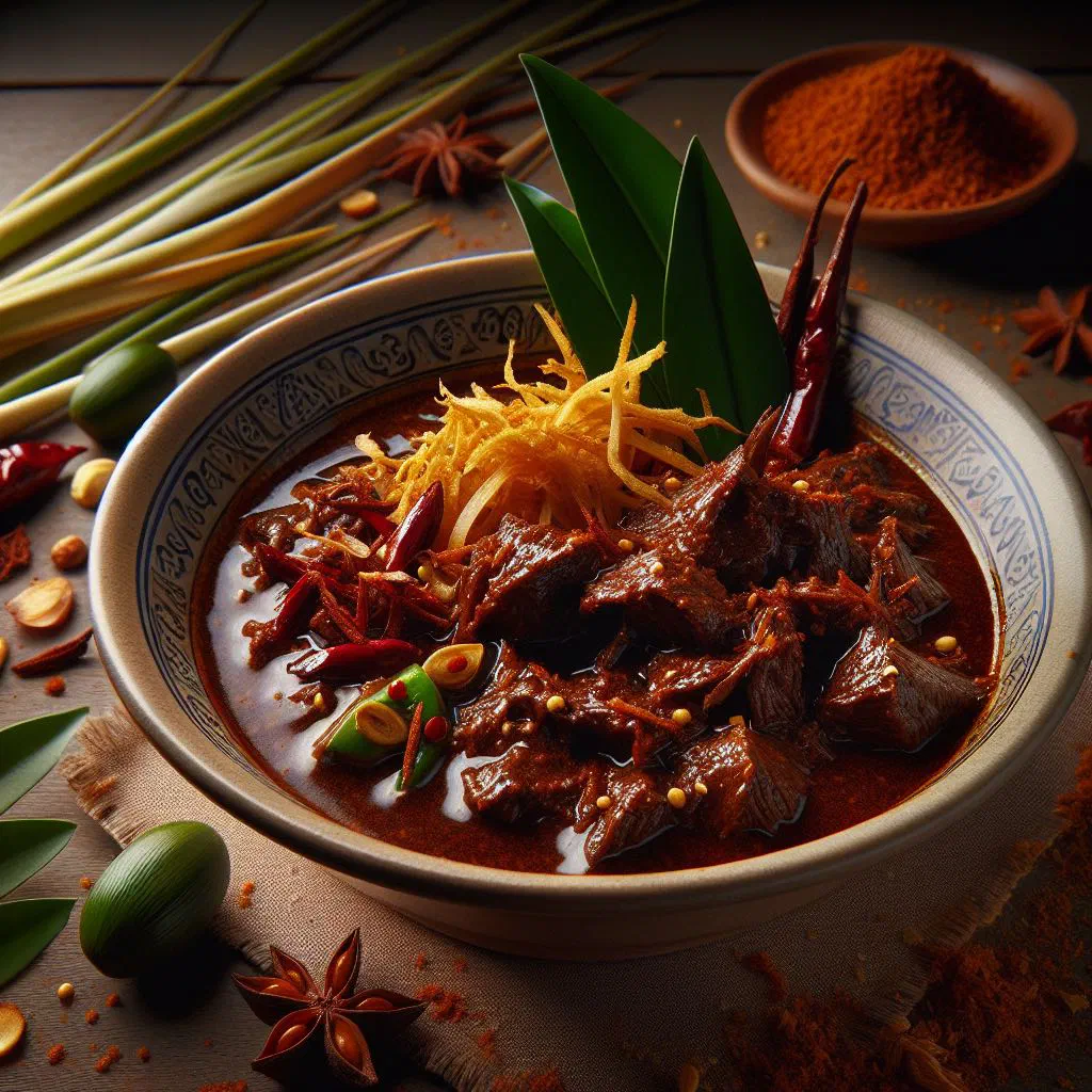 Slow-cooked beef rendang in a rich coconut and spice sauce, garnished with fresh coriander