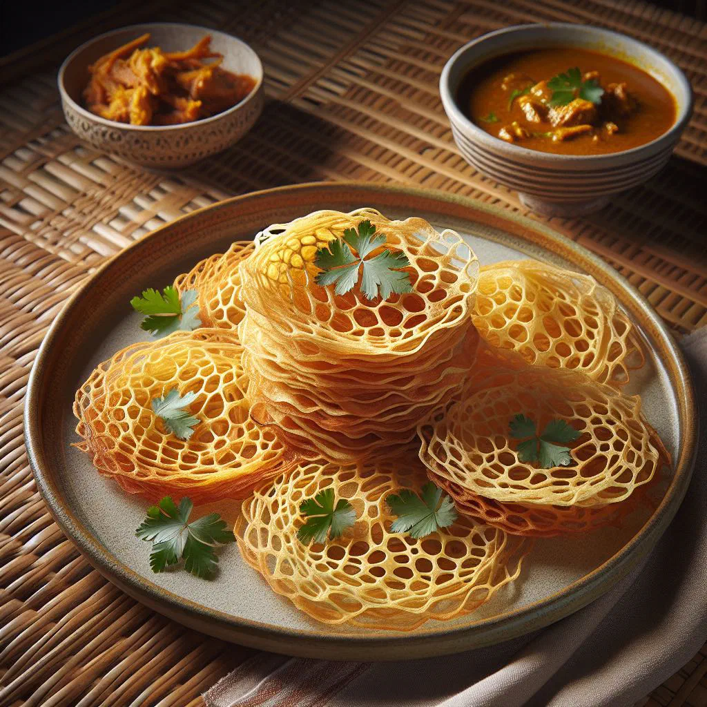Folded lacy roti jala net pancakes served with a bowl of curry