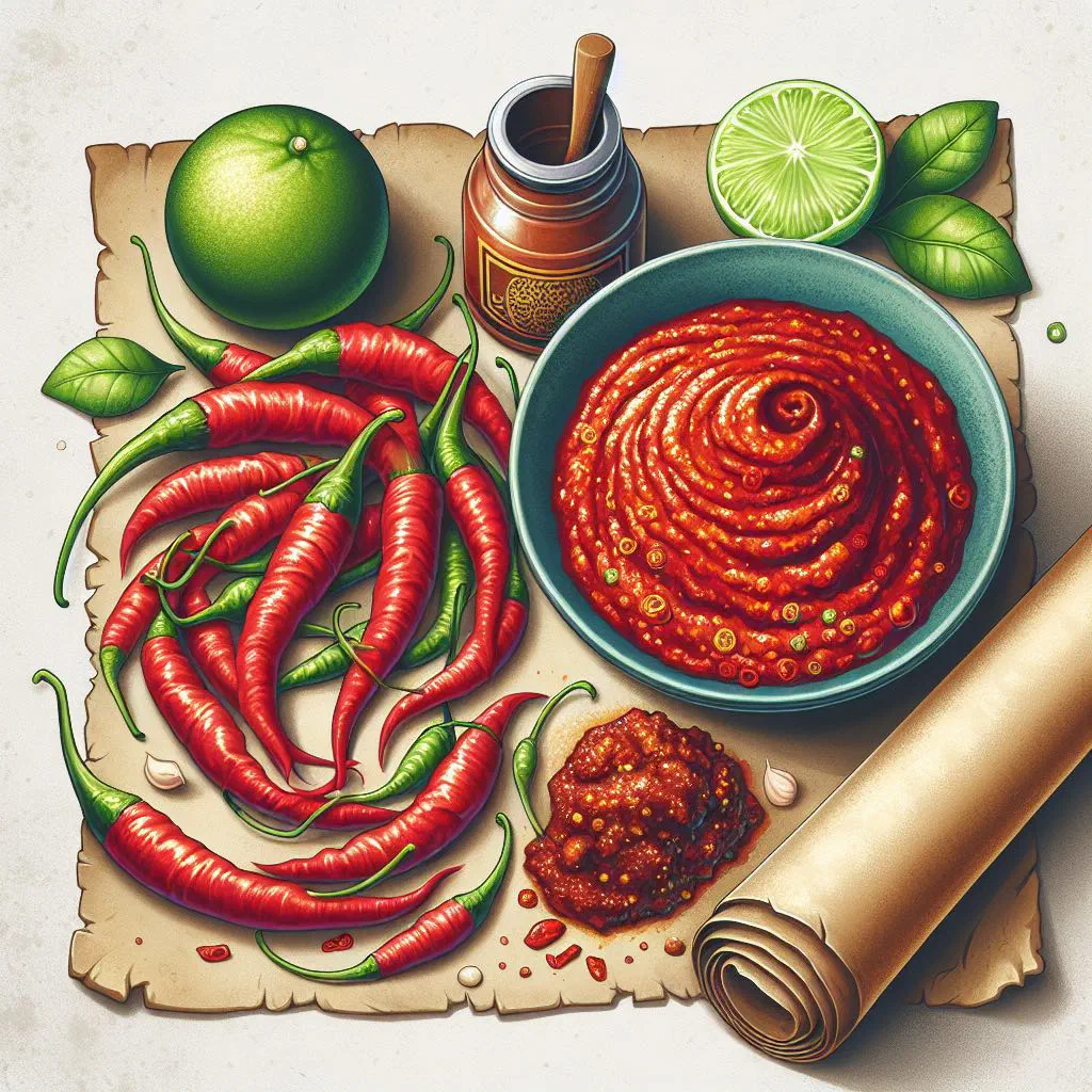 Fiery red sambal belacan in a small bowl with lime and fresh chillies