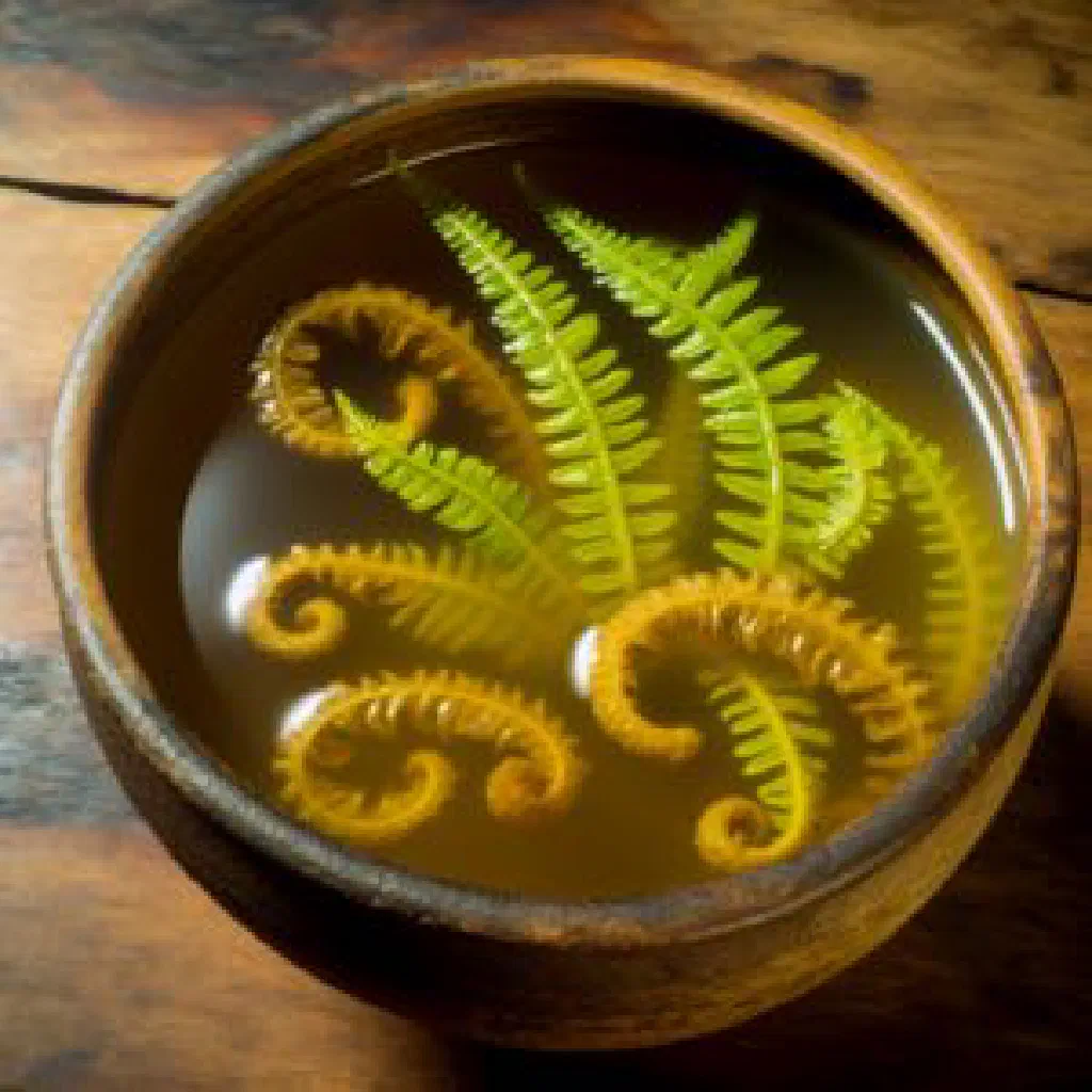 A bowl of Sayur Paku Pakis with young fiddlehead ferns and fresh herbs